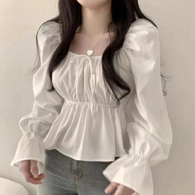 Damen Frühling/Herbst Koreanischer Stil Süß Quadratischer Ausschnitt Taillenbindung Rüschen Glockenärmel Schlankmachendes Hemd
