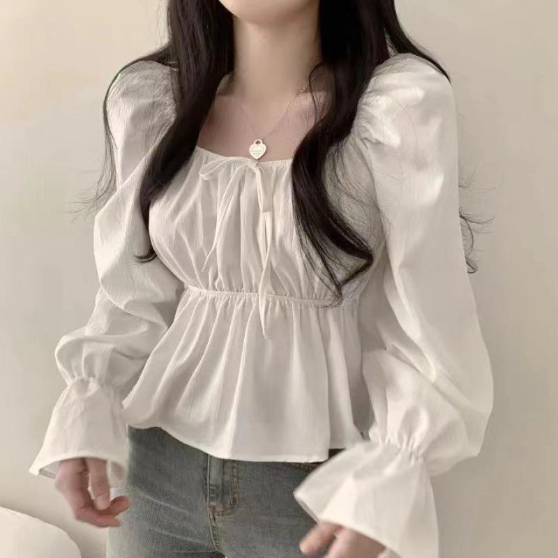 Camicia da Donna Dolce Stile Coreano per Primavera/Autunno, Scollo Quadrato, Vita Legata, Maniche a Campana Arricciate, Modellante