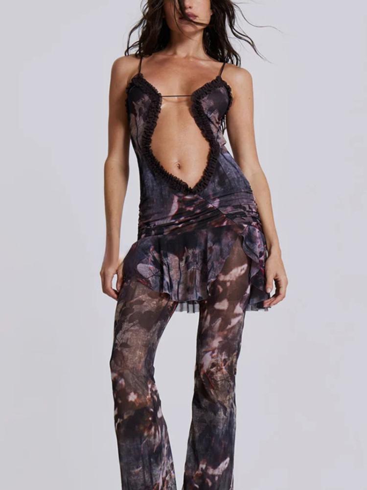 Weird Mesh Ruffles Women New Prom Dress Hollow See Through Irregular Side Split Outfit Folds Skinny Sexy Elastic Pretty Mini Midnight Clothing