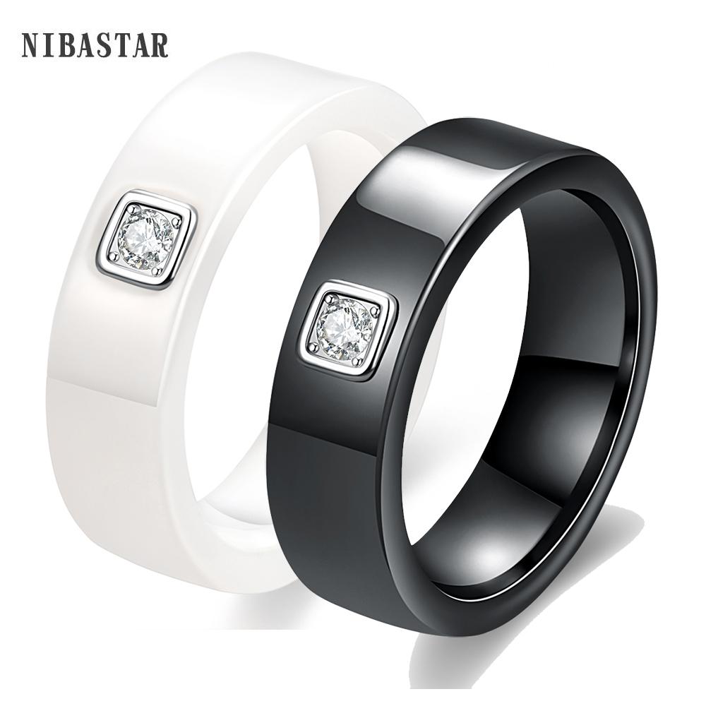 6mm Black/White Ceramic Rings for Women Dazzling Cubic Zircon Stainless Steel Engagement Wedding Ring Fashion Jewelry
