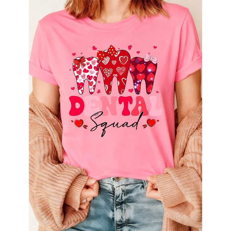 European Size Women'S Valentine'S Day Dentist Squad Graphic T-Shirt - Oversized Crew Neck Short Sleeve