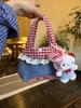 Korean Artistic Retro Plaid Handbag with Lace Trim In Red & Blue