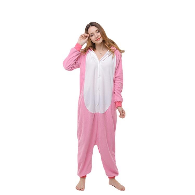 Animal Cartoon One-Piece Pajamas Pink Threaded Low Fleece Couple Loungewear