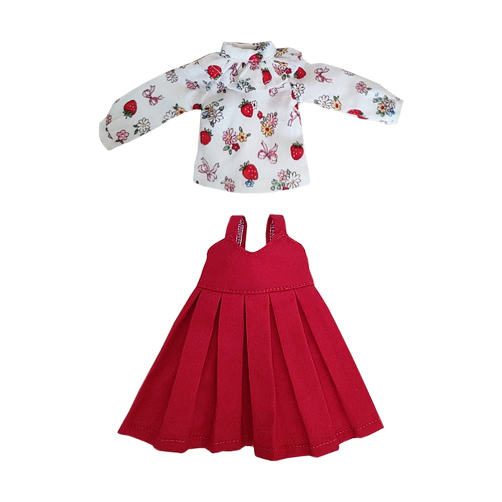Rakulifey Blythe Outfit Camicia a Maniche Lunghe (Rosso) e Set gonna con bretelle (Set di Abbigliamento Neo Blythe, Compatibile con Obitsu 24, Set da 2 Pezzi)