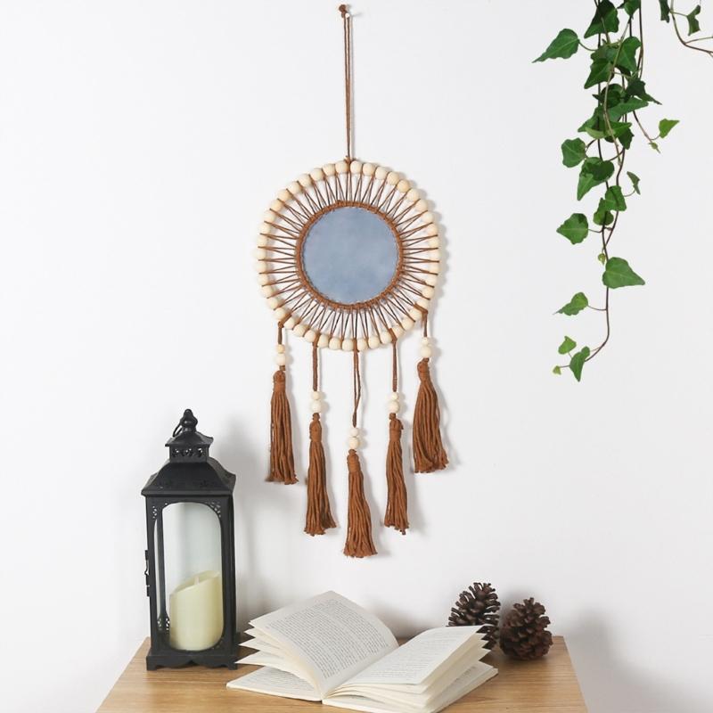 Bohemian Handmade Wood Beads Woven Tassels Wall Hanging Mirrored Macrames Tapestrys Decorative Mirrored for Bedroom
