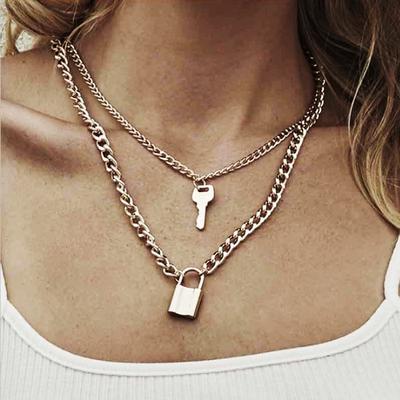 Multylayer Retro Creative  Simple Chain Link Gold Silver Lock Choker Necklace for Women Birthday Jewelry Gifts