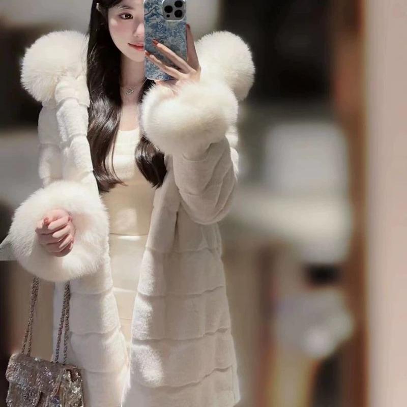 

Женская шуба с капюшоном и меховым воротником, имитация меха, длинное женское зимнее пальто, нежный стиль, светская львица L 110-62.5kg