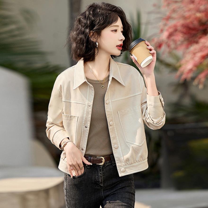 

#Весенне-осенняя кожаная куртка женская, ретро мотоциклетная кожаная куртка, куртка короткая с лацканами, кожаный топ XXL [Recommended 125~ 69kg]