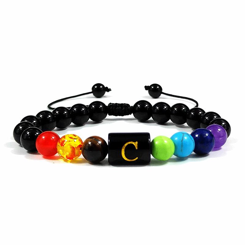 European Obsidian Alphabet Bracelet: Adjustable Seven-Color Rainbow Yoga Design for Men and Women