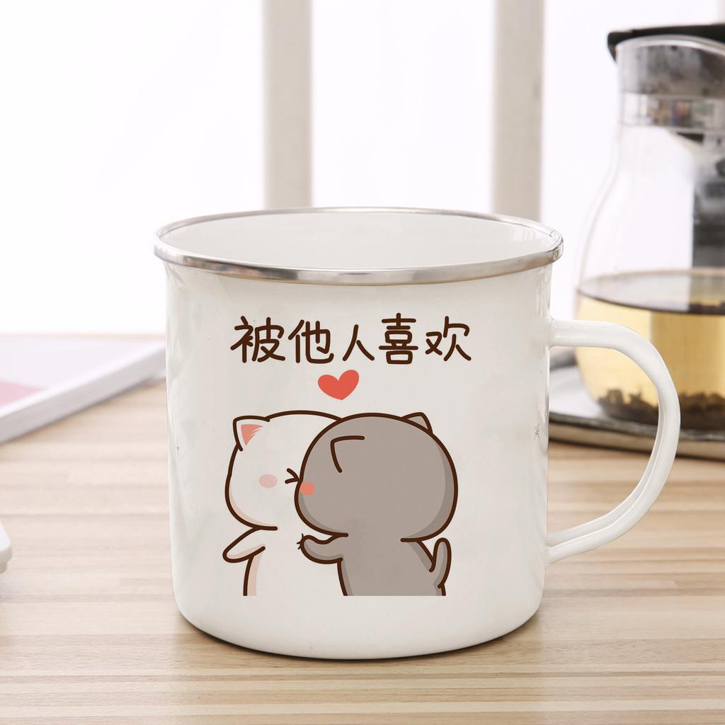 New Peach and Goma Cat Enamel Coffee Tea Cup Cute Animal Breakfast Dessert Milk Water Cup Couple Gift Original Breakfast Cups