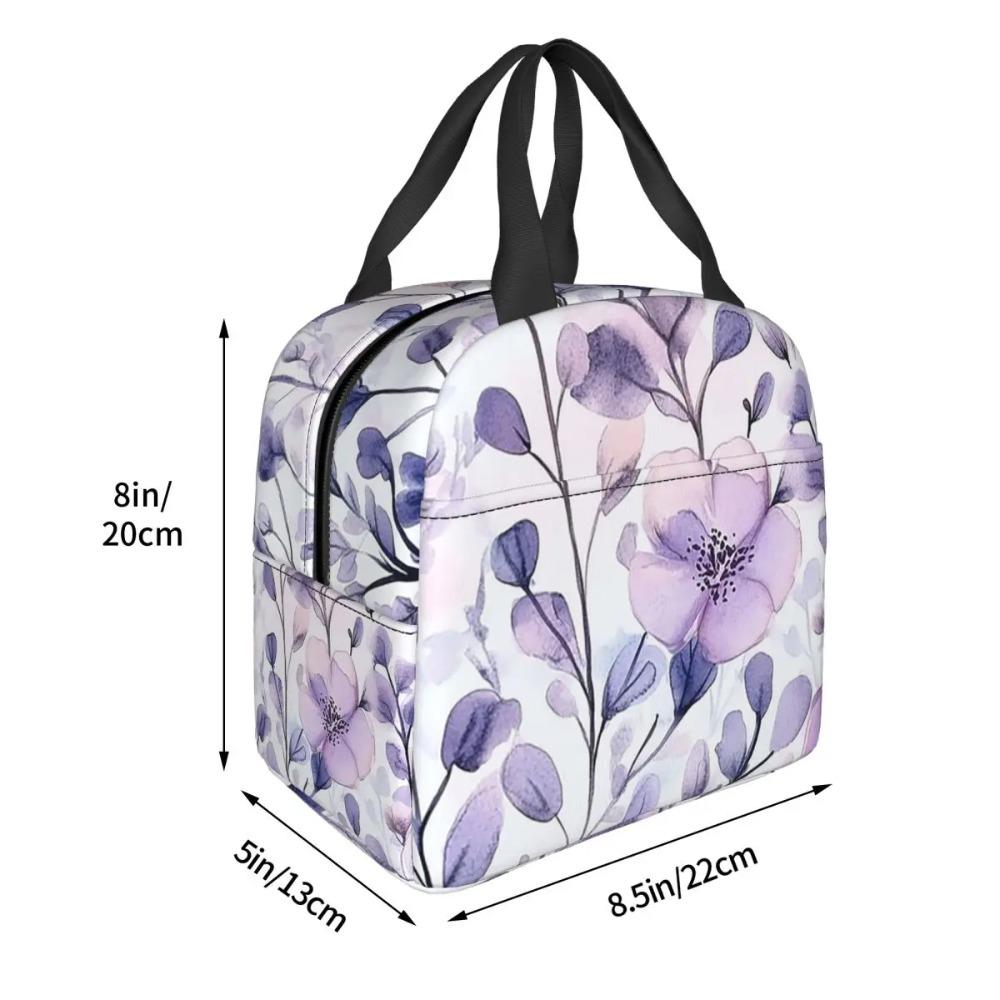 Light Purple Floral Pattern Insulated Lunch Bag for Women Children Portable Food Boxes Thermal Lunch Box Tote