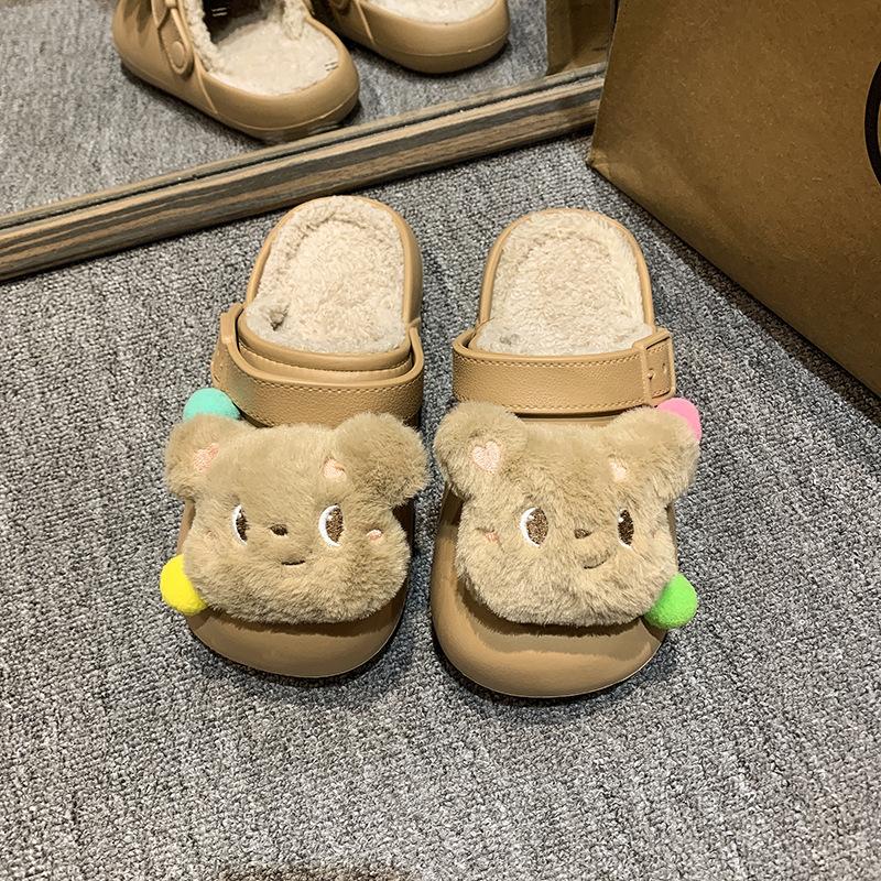 Cute bear cartoon cotton slippers women wear winter thick bottom warm indoor home removable wool cotton slippers