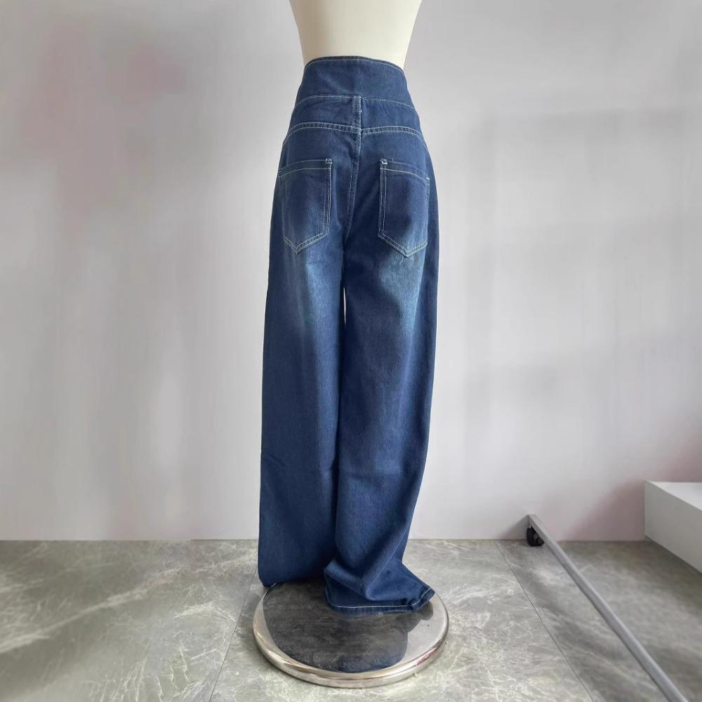 New Large Size Denim Wide-leg Pants for Women with High Waist Pocket Straight Loose Casual Pants