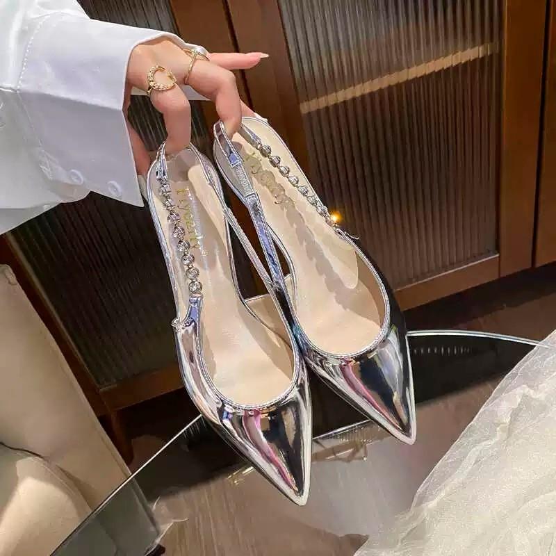 Spring New Baotou Sandals Pointed Head Shallow Mouth Bead Line with Soft Sole Anti-slip Wear-resistant Thick Heel Shoes