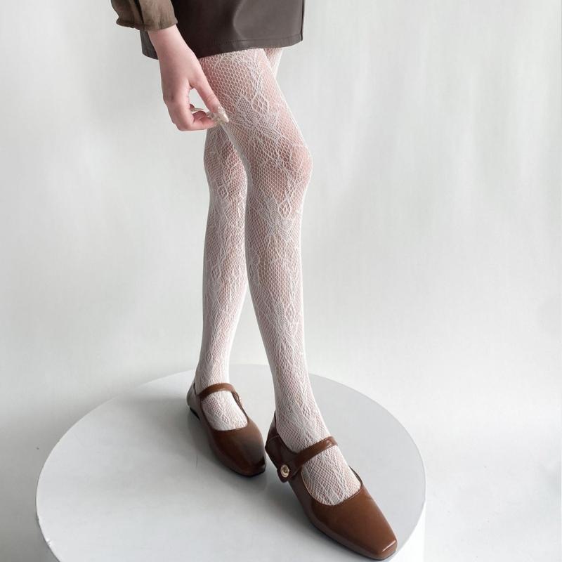 Womens Japanese JK Vintage Flower Jacquard Fishnet Tights Stockings Sexy Hollowed Out Lace Sheer Pantyhose Leggings