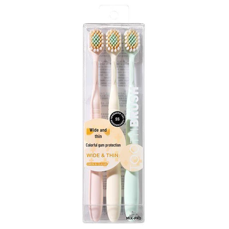 Japanese Soft Bristle Toothbrush Set: Wide-Head, Fine Bristles for Adults, 3 Pieces