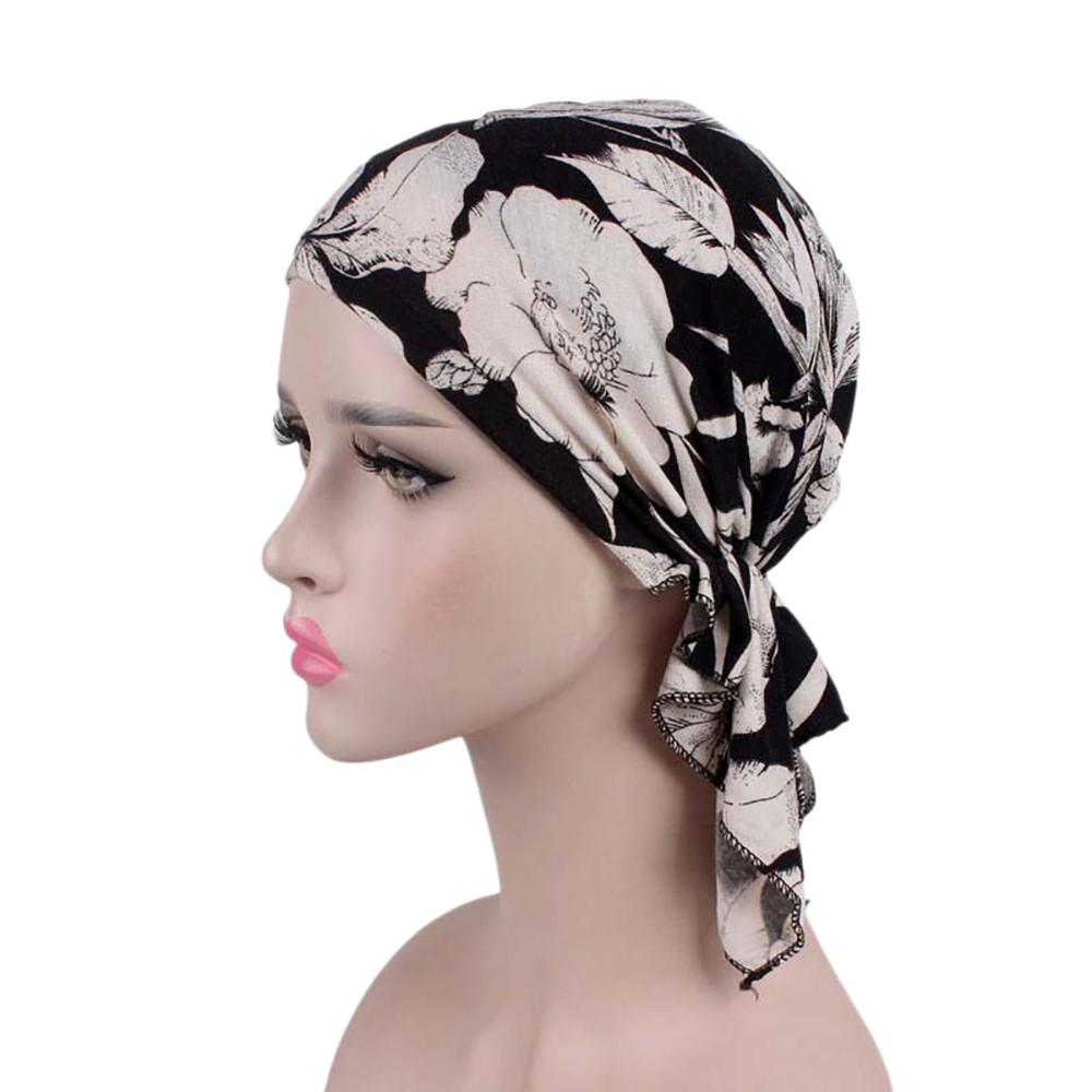 Women India Muslim Elastic Turban Print Cotton Hat Head Scarf Wrap
