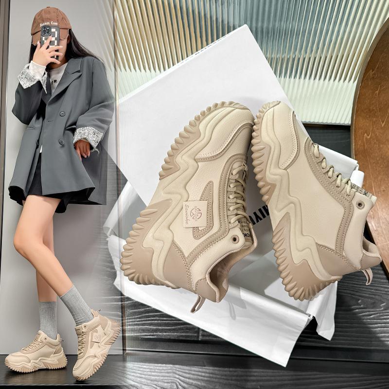 Spring and Autumn new leather breathable sneakers platform casual dad shoes high-top single shoes