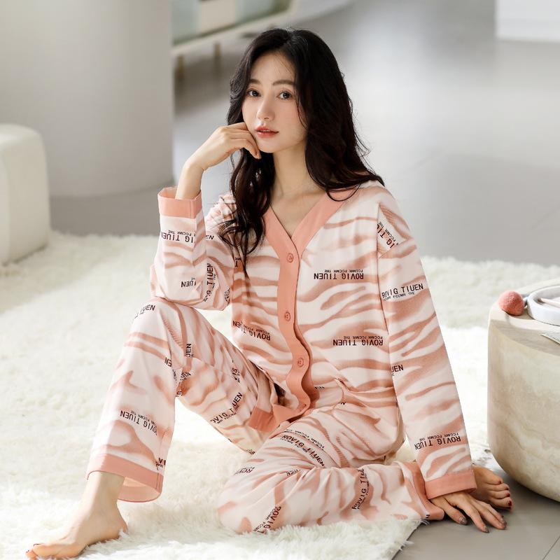 

Пижама Женская Весна и Осень Хлопок Длинный Рукав Высококачественная Домашняя Одежда Модный Кардиган Большой Размер Комплект 3XL