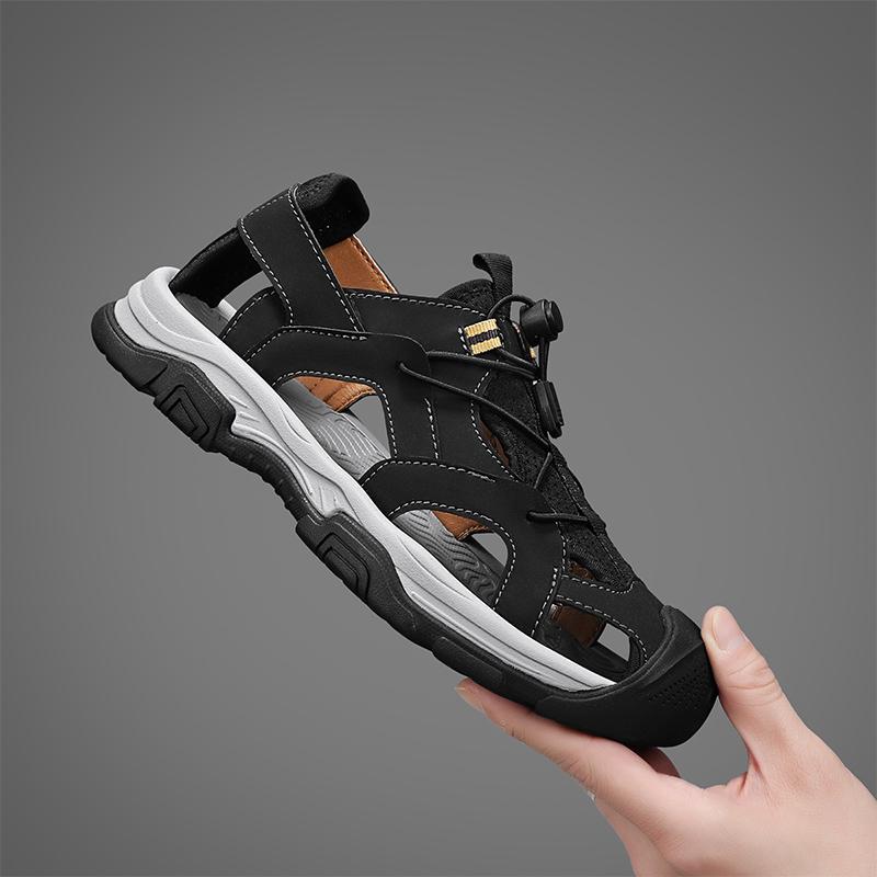 Fashion Anti-collision Toe Summer Shoes Casual Leather Men Sandals Hollow Out Casual Shoes Outdoor Man Beach Shoes All-match Roman Flats