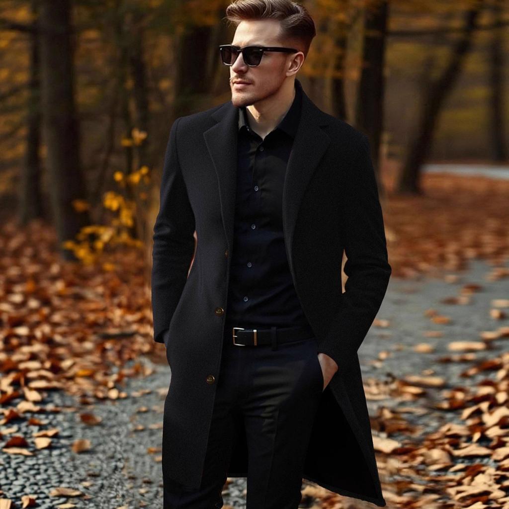 Men's Mid-Length Woolen Coat, Lightweight Color Winter Overcoat Jacket for Fall and Winter
