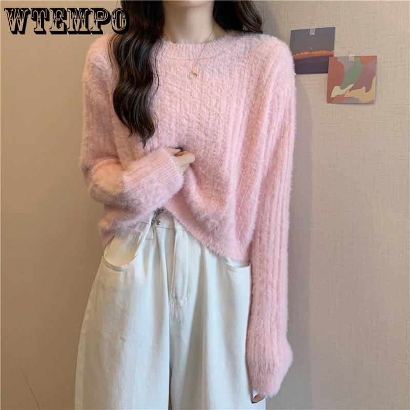 Y2K Cropped Sweater Pink Furry Solid Korean Fashion Pullover Knitted Sweaters Autumn Winter Long Sleeve Harajuku Jumper Sweater