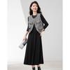 Two Piece Set: Small Fragrant Style Vest Jacket and Long-Sleeved Pleated Dress