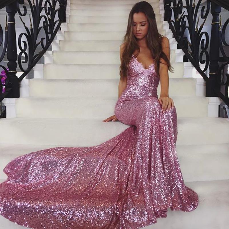 2026 Spring-Summer New Women's Long Sleeveless Dress: Straps, V-Neck, Sequins, Open-Back, Train for Evening and Bridesmaid