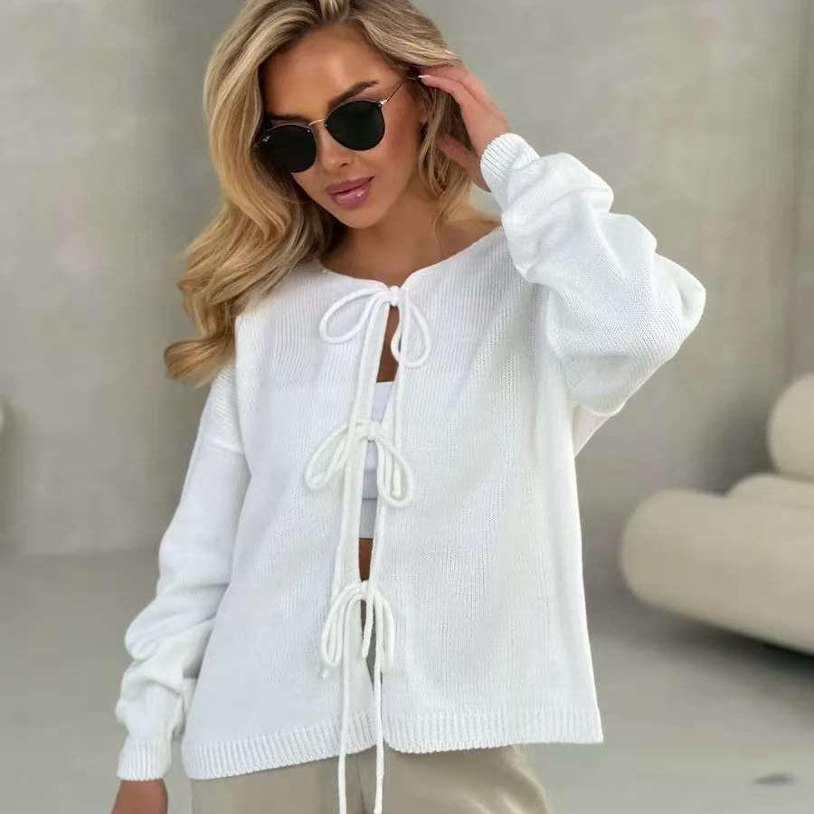 Women S Loose Knit Long Sleeve Round Neck Tie Cardigan Sweater