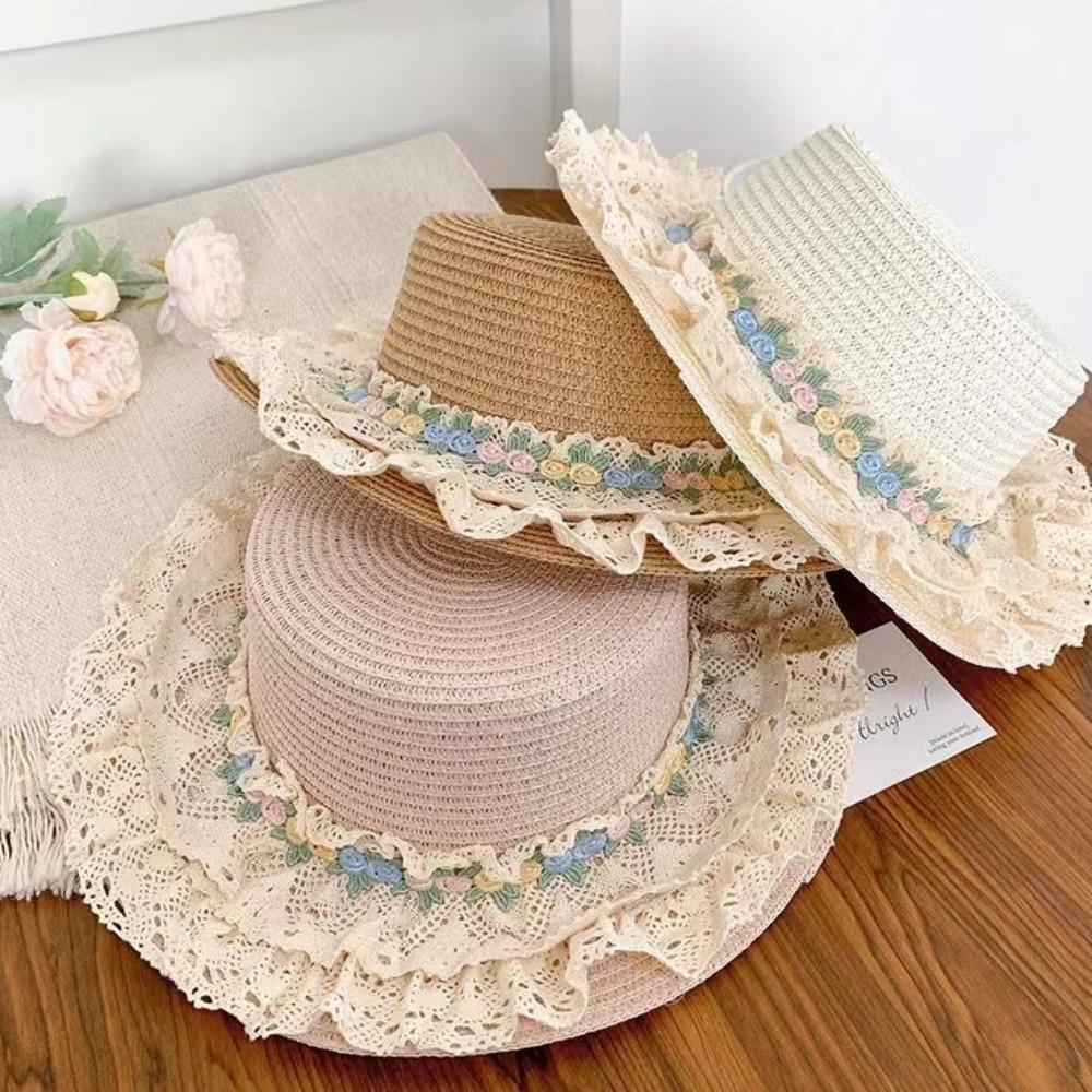 Wide Brim Lace Floral Brim Cap Flat Top Sunscreen Hat Cute Women's Sun Hat  Seaside