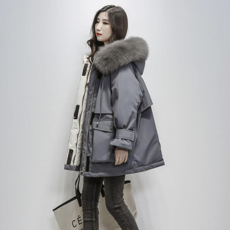Korean Style Women's Mid-Length Cotton-Padded Parka with Big Fur Collar