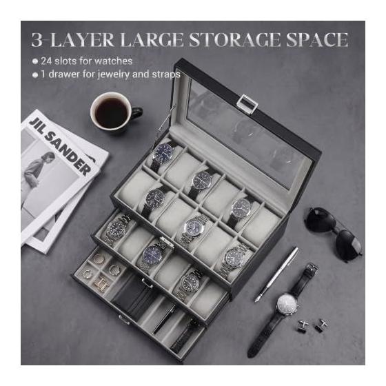 Used ProCase 3 Tier Watch Case Holds 24 Pieces Large Capacity Drawer Glass Top Jewelry Organizer - Black ym 07f23d76