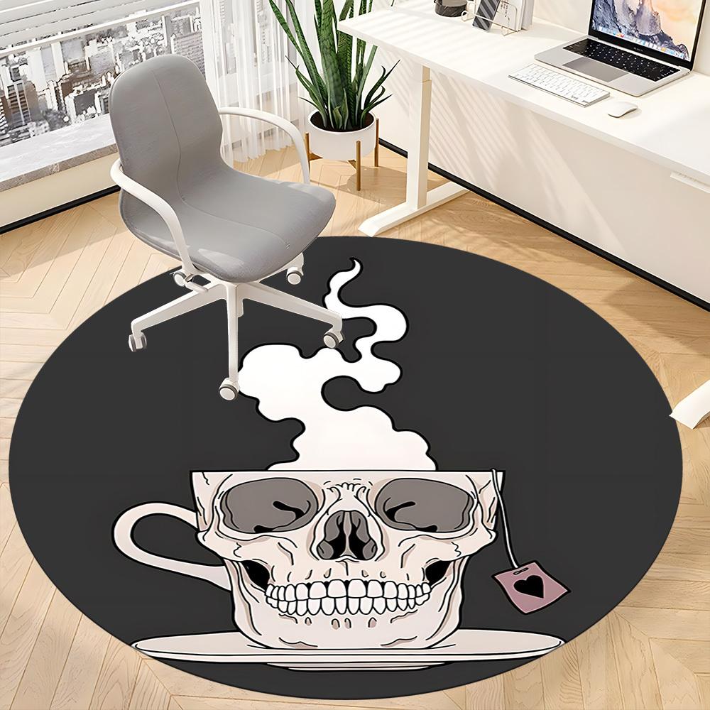 1pc Coffee Skull Office Round Area Rug, Under Office Chairs Bedroom Living Room Home Decor, Room Deco