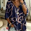 Women's large size V-neck top, elegant and comfortable, simple line pattern printing large size women's V-neck T-shirt - fashionable and versatile