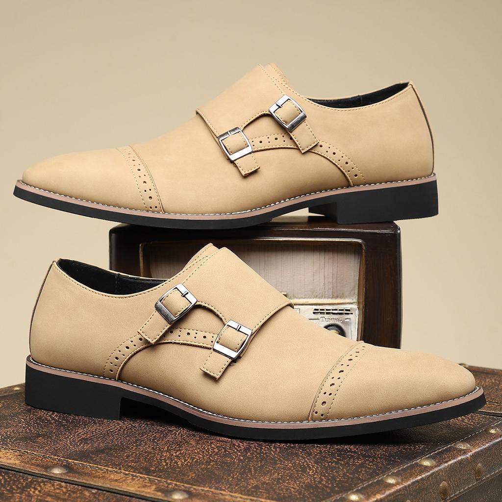 Large size men's business casual leather shoes dress buckle shoes British style fashion trend pointed versatile men's shoes