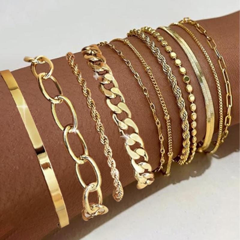 11pcs Fashion Minimalist Geometric Bracelet Set for Women Elegant Vintage Layered Snake Twist Chain Bead Bracelets Jewelry Gifts