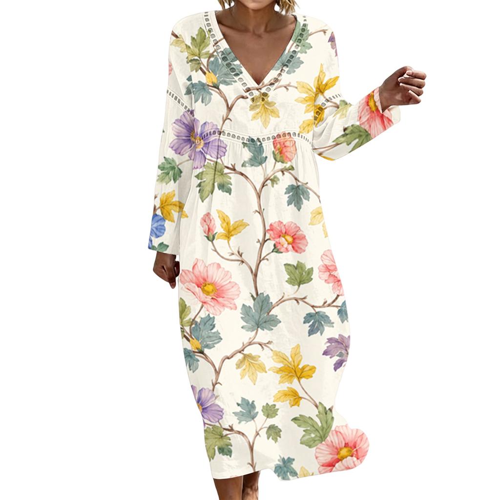 Fashionable lady's V-neck mid-length casual long-sleeved dress
