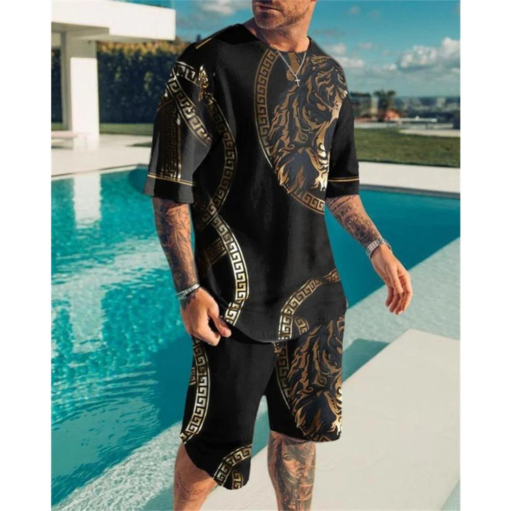 Plus Size 3D Lion Print Men's Cool T-shirt Shorts Set For Sports Fitness Summer Street Style Oversized Graphic 2Pcs Men Clothing
