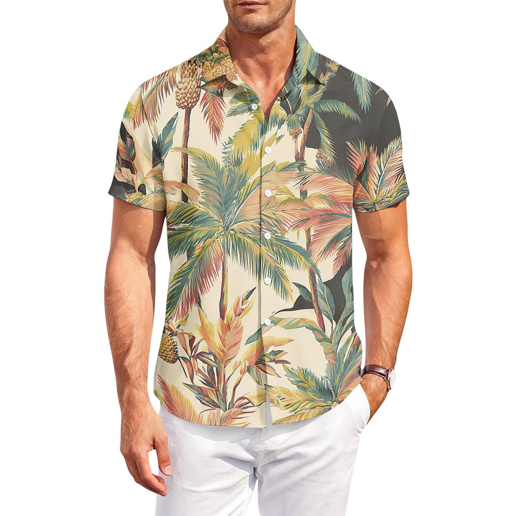 Men's Casual Loose Fit Hawaiian Print Short Sleeve Shirt Button Down Lapel Collar Lightweight Summer Top for Daily Wear
