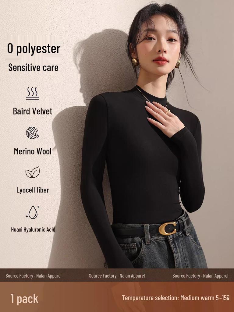 Women's Black Fleece-Lined Half-High Neck Base Layer Knit Top - Thickened Long Sleeve for Autumn/Winter 2026