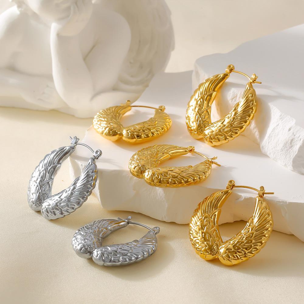 Fashion Sense Wing Feather Pattern Earrings Retro Personality Design Titanium Steel Plated 18K Real Gold Women'S Jewelry