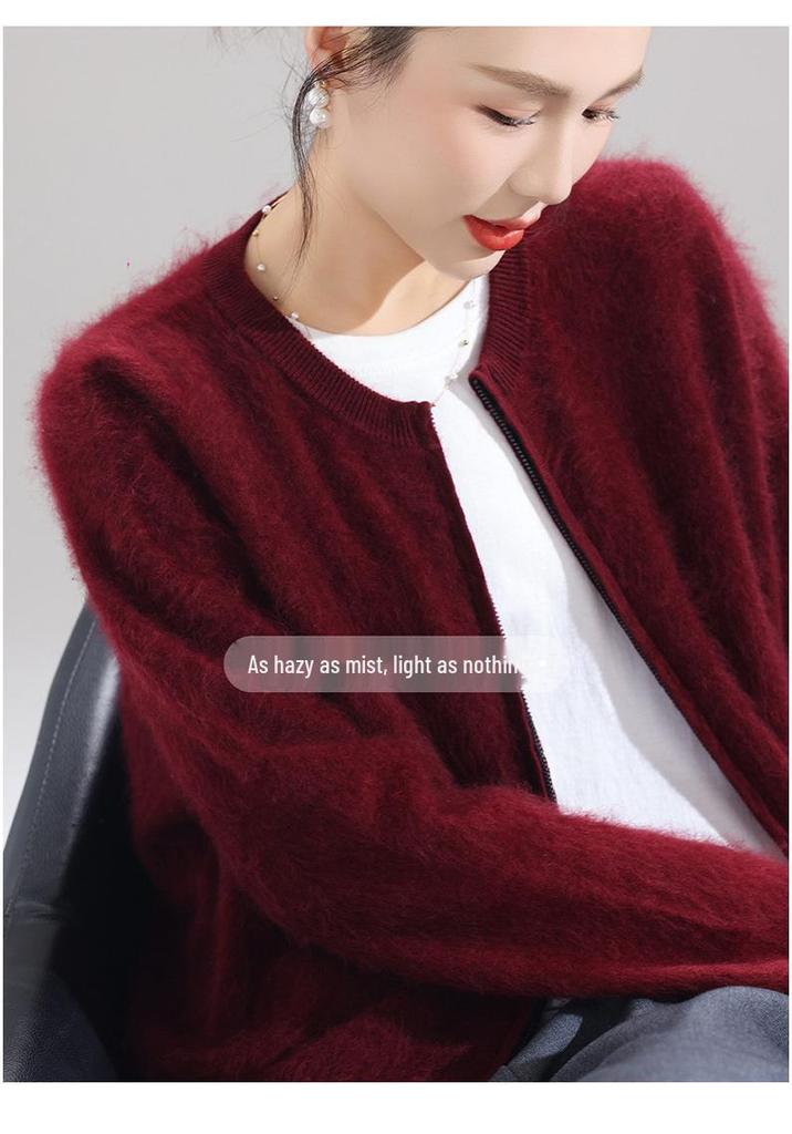 Women's Round Neck 100% Wool Plush Cardigan - Heavyweight, Zipper, Versatile Base Layer Sweater Coat