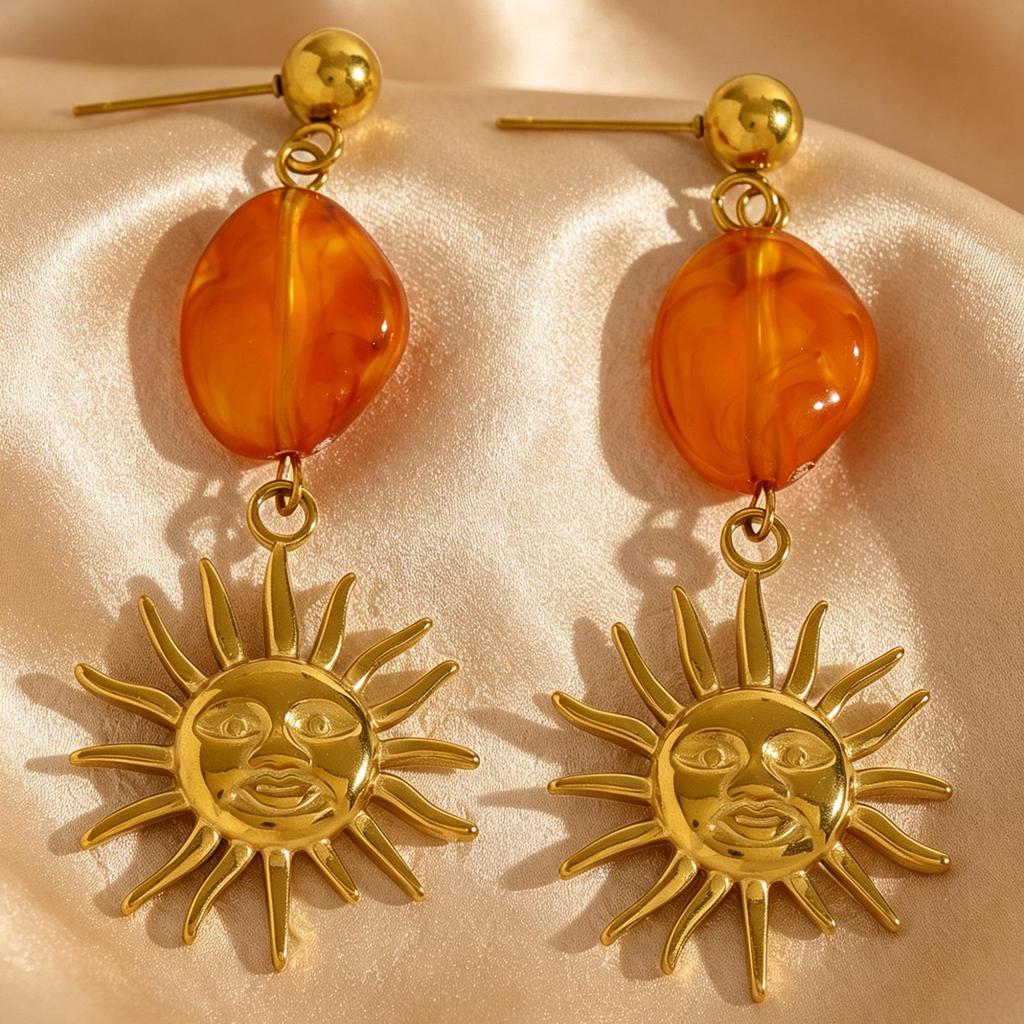 Vintage European Gold Sun Face Pendant Earrings with Amber Glass Tassel
