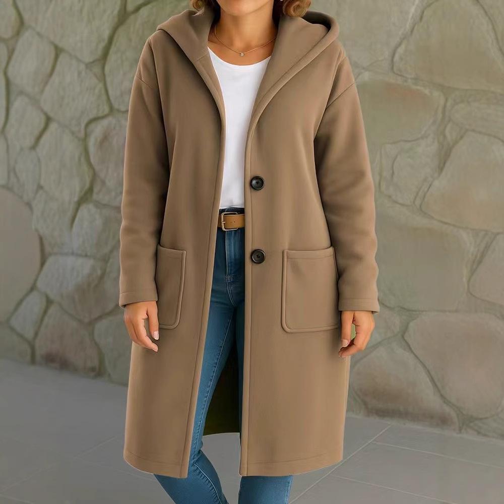 

2025 Новая женская осенне-зимняя простая куртка из шерсти с длинным рукавом, на пуговицах, с капюшоном, женский ветрозащитный плащ XXXL верблюд