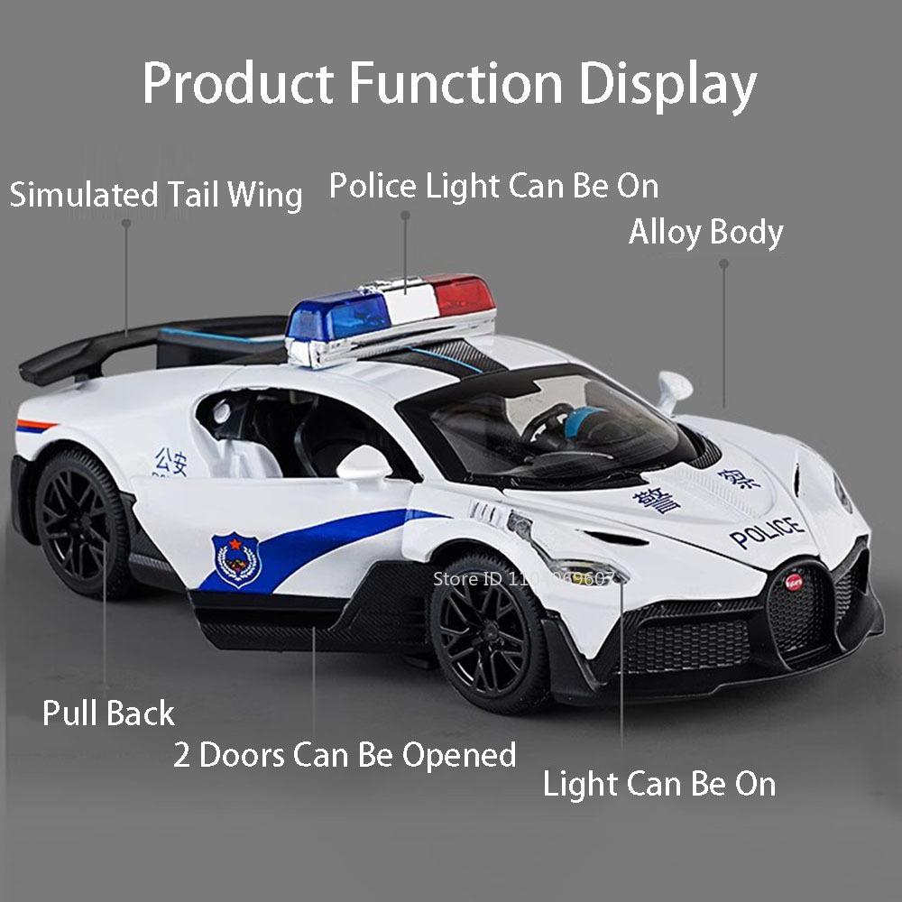 1:32er Maßstab DIVO Polizeiauto Spielzeugmodell BOLIDE Supercar Metall Druckguss Türen zu öffnen Sound Licht Rückzieher Sportwagen Geschenke für Kinder