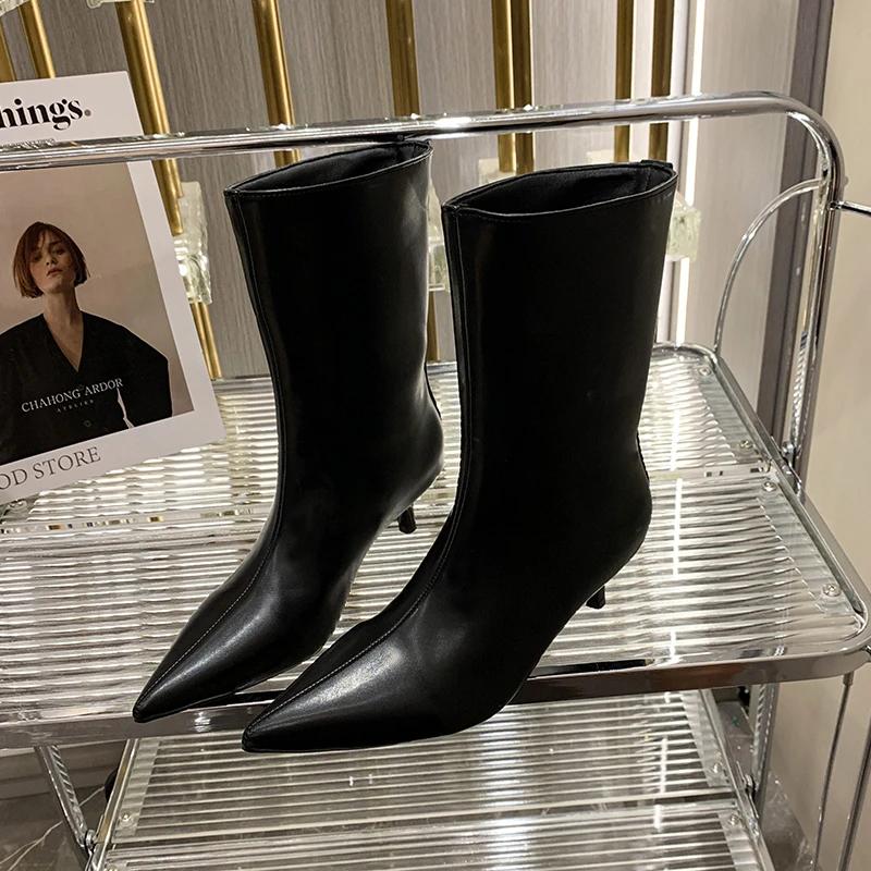 Fashion Sexy Pointed Toe High Heels Luxury Women High Boots 2025 Winter Designer Mid Calf Snow Boots Soft Leather Goth Botas Dress Pumps