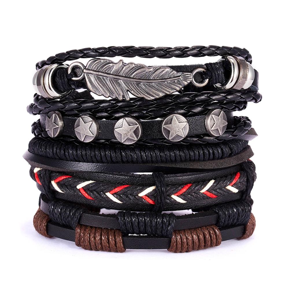 Vintage Multilayer Braided Leather Bracelet For Men Star Leaf Owl Handmade Rope Wrap Bangle Male Gift Jewelry