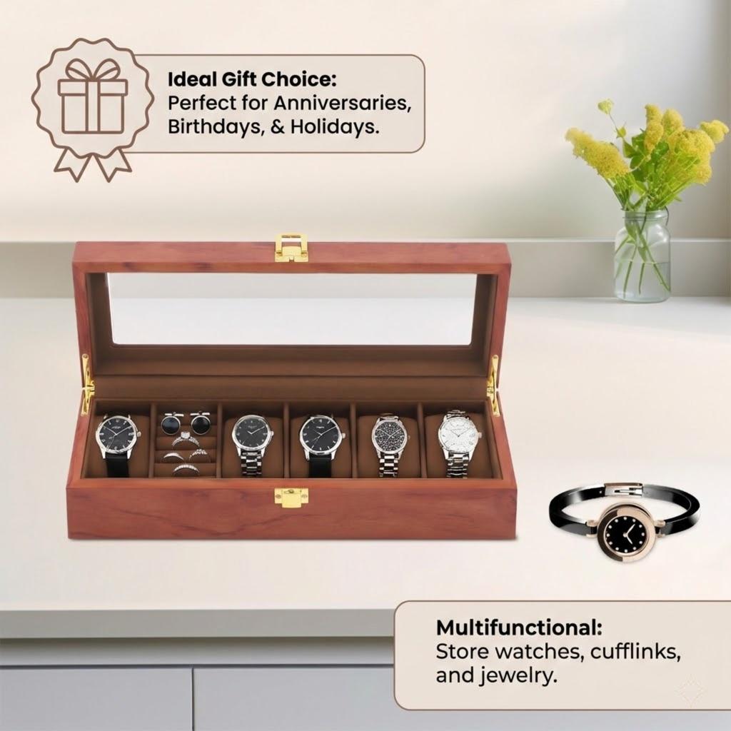 Wooden Watch Case For Men Collection 6 Compartments Display Organizer Box With Clear Glass Viewing Lid And Removable Pillows