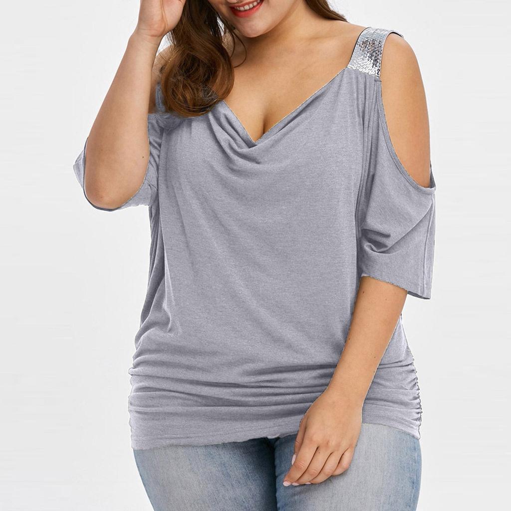 Plus Size Women Cold Shoulder Loose Casual Short Sleeve Shirt Tops Blouse Tops