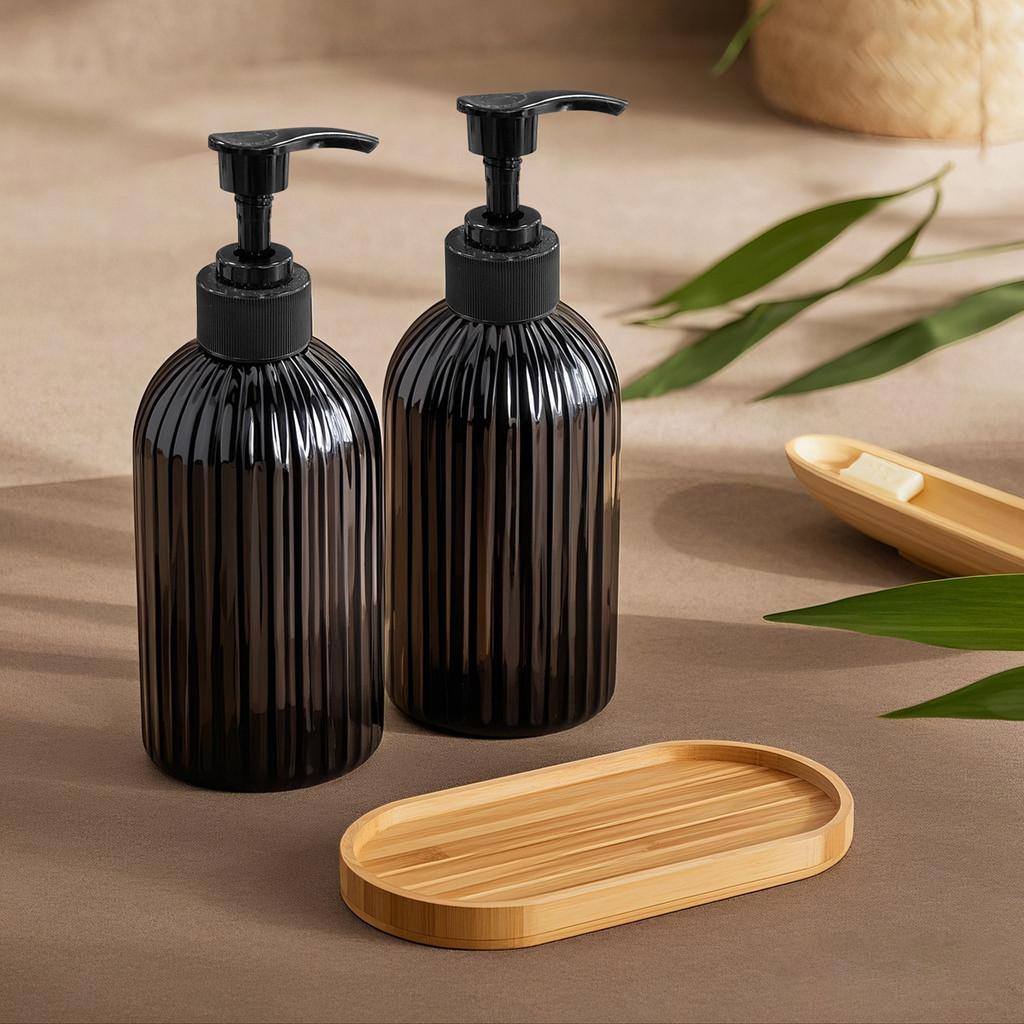 Distributeur de Savon Liquide à Bande de 500 ml avec Pompe avec Plateau Gel Douche Pour Salle de Bain Bouteille Rechargeable Shampoing Après-shampoing Lotion